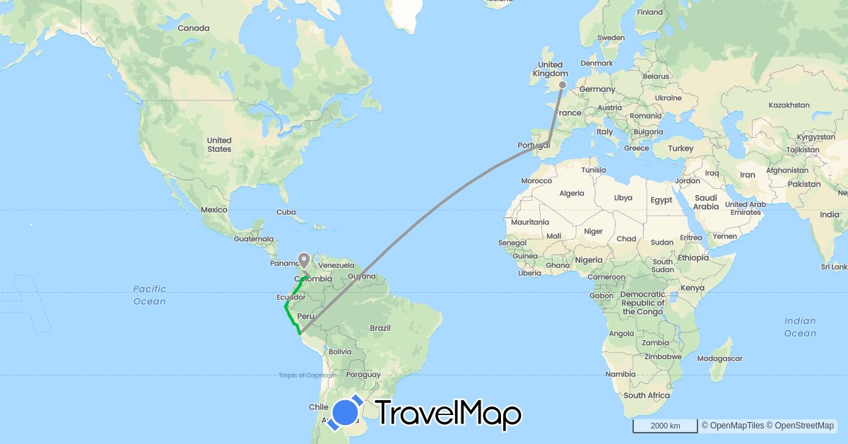 TravelMap itinerary: driving, bus, plane, hiking in Colombia, Ecuador, Spain, United Kingdom, Peru (Europe, South America)